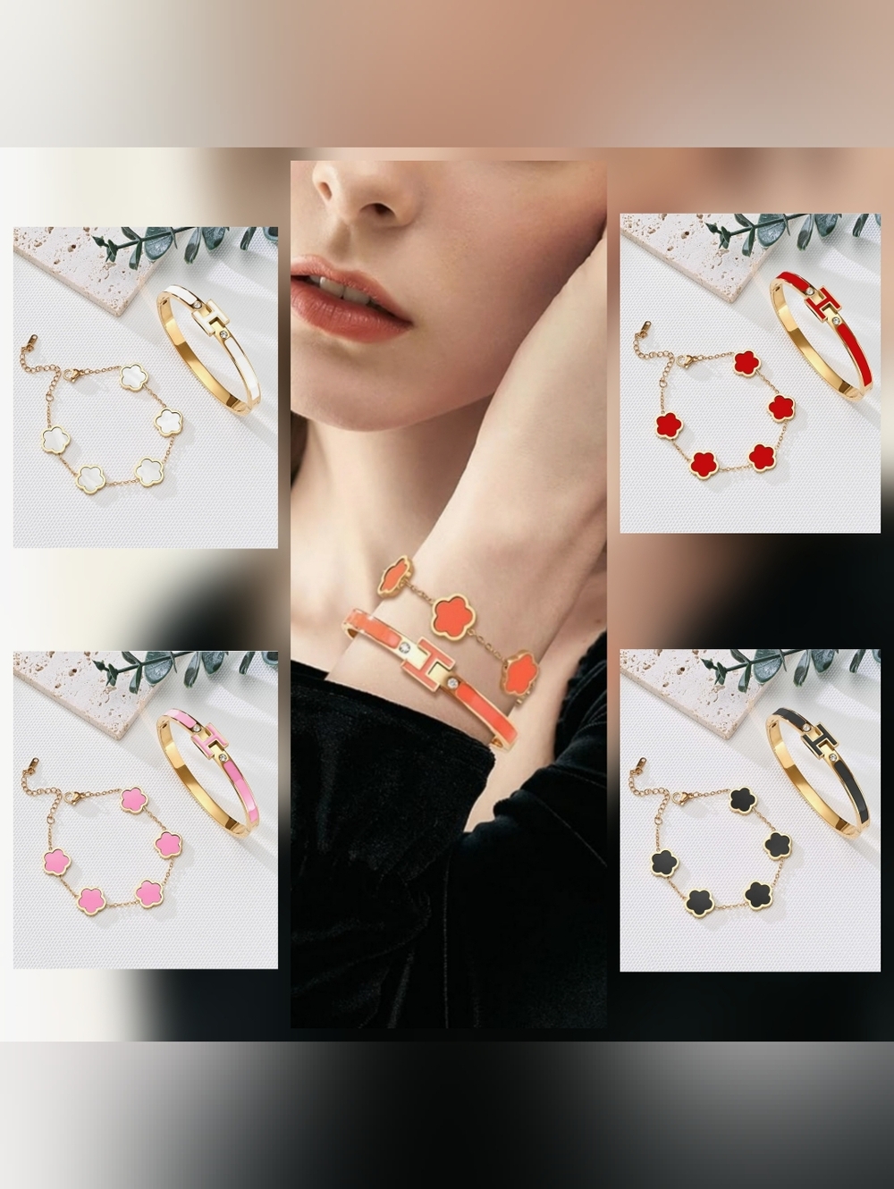 Sale🎉 2pcs 18K Gold Plated H Bangle and Lucky Five Leaf Clover Bracelet Set